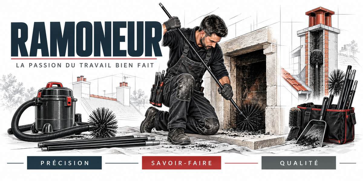 Illustration ramoneur : homme en tenue noire agenouillé devant un insert, tige et hérisson dans le conduit, aspirateur à suie, brosses métalliques, seau et cheminée sur toit de tuiles