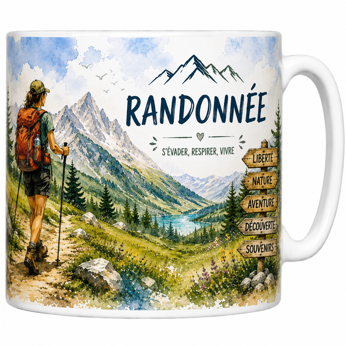 Mug céramique 330 ml randonnée aquarelle : randonneur au sac rouge face à la vallée et aux sommets