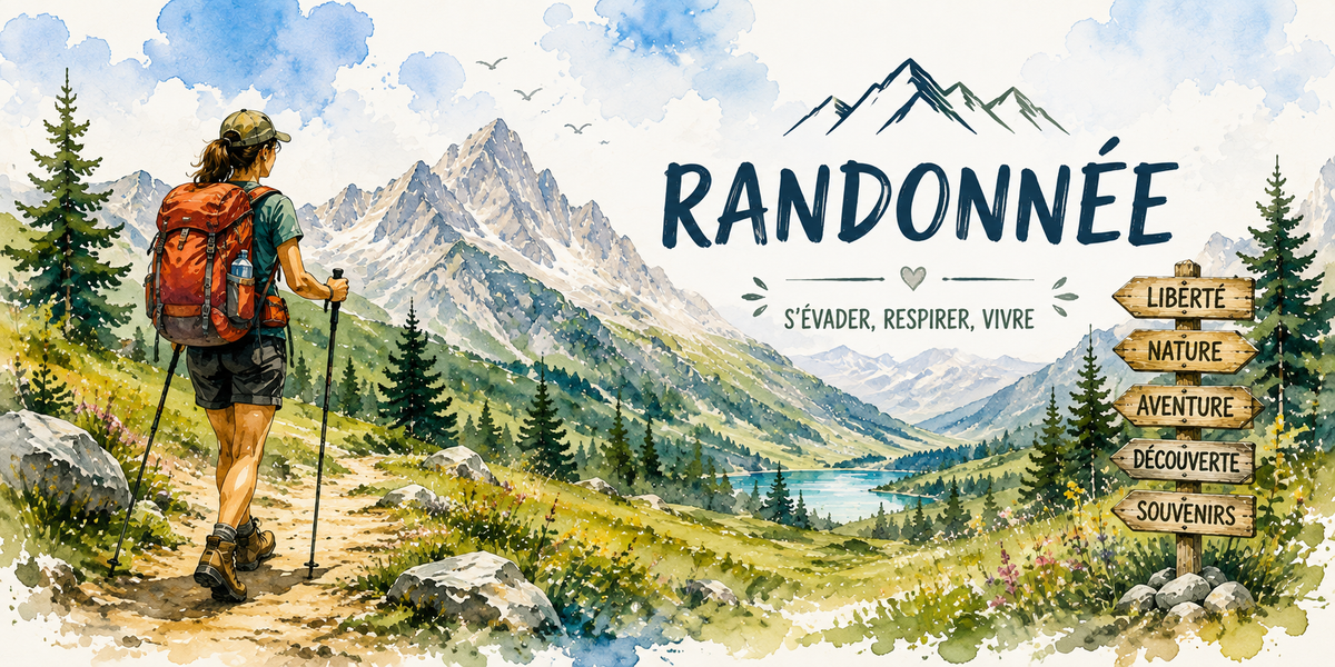 Visuel randonnée « s'évader, respirer, vivre » : randonneur, bâtons, sapins et montagnes aquarelle