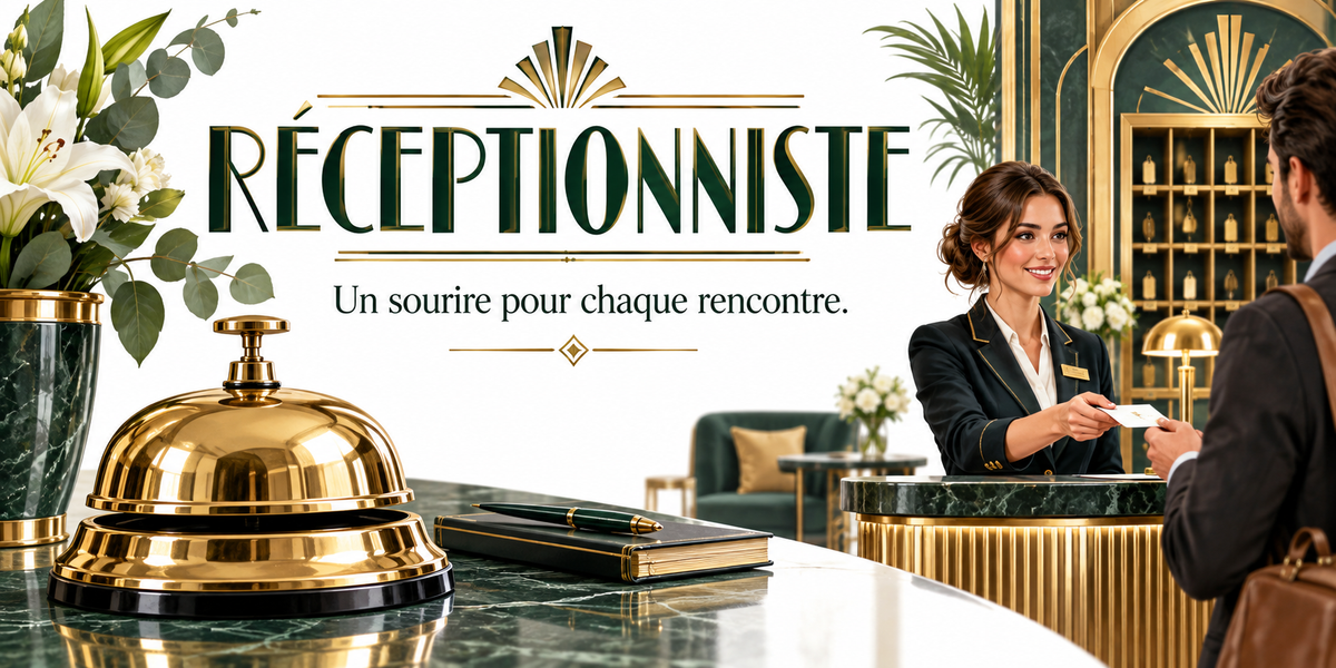 Visuel réceptionniste : le mot RÉCEPTIONNISTE en grandes capitales vert forêt à liseré doré surmonté d'un ornement art déco en éventail, la devise manuscrite Un sourire pour chaque rencontre entre deux filets dorés, une sonnette de comptoir dorée et un registre de cuir noir posés sur un comptoir de marbre vert, une réceptionniste souriante en tailleur noir à col blanc tendant une carte à un client de dos en costume, comptoir de laiton cannelé, lys blancs et eucalyptus