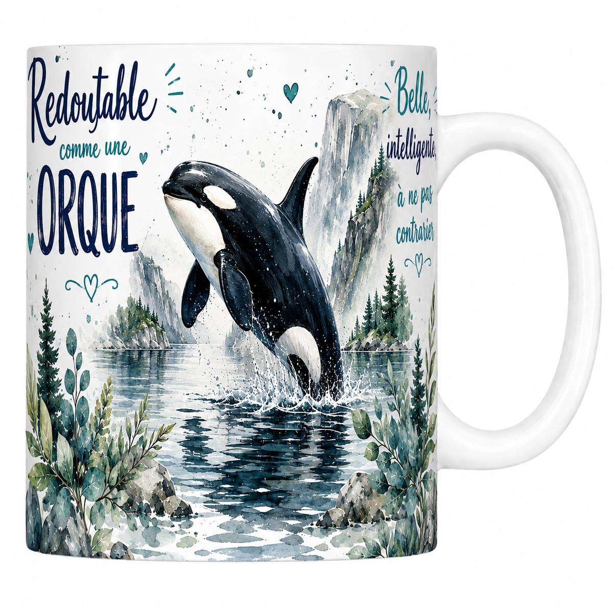 Mug céramique 330 ml « Redoutable comme une orque » : orque bondissant devant un fjord