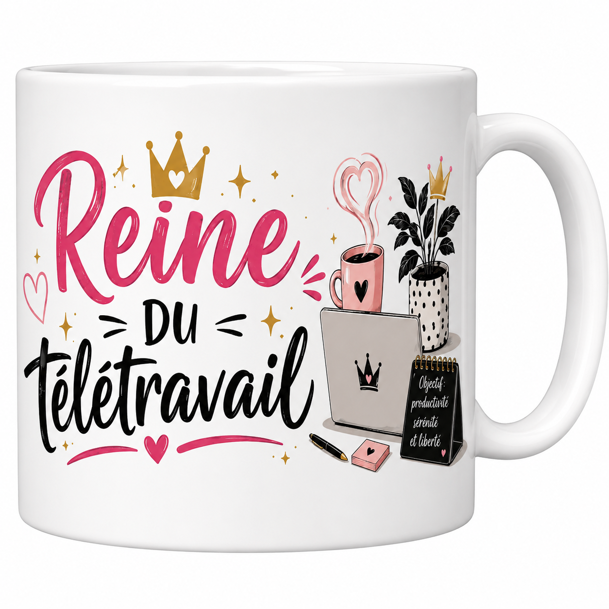 Mug Reine du télétravail en céramique, couronne dorée, ordinateur portable et tasse rose