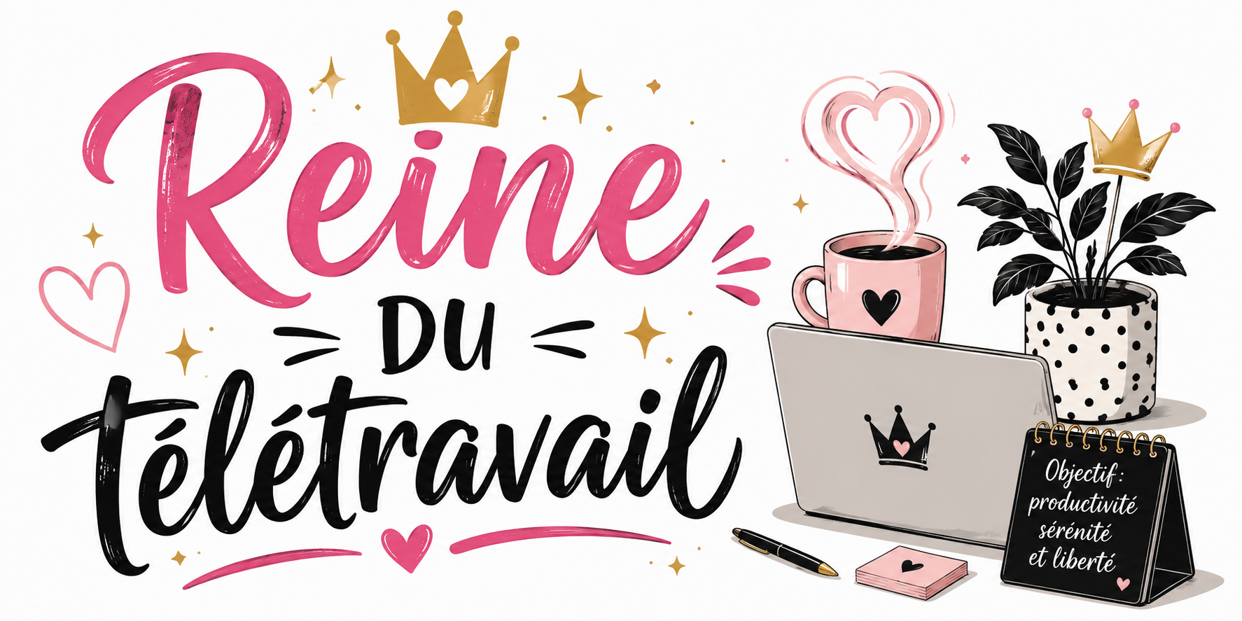 Visuel Reine du télétravail : ordinateur à couronne, tasse rose, plante et carnet Objectif productivité