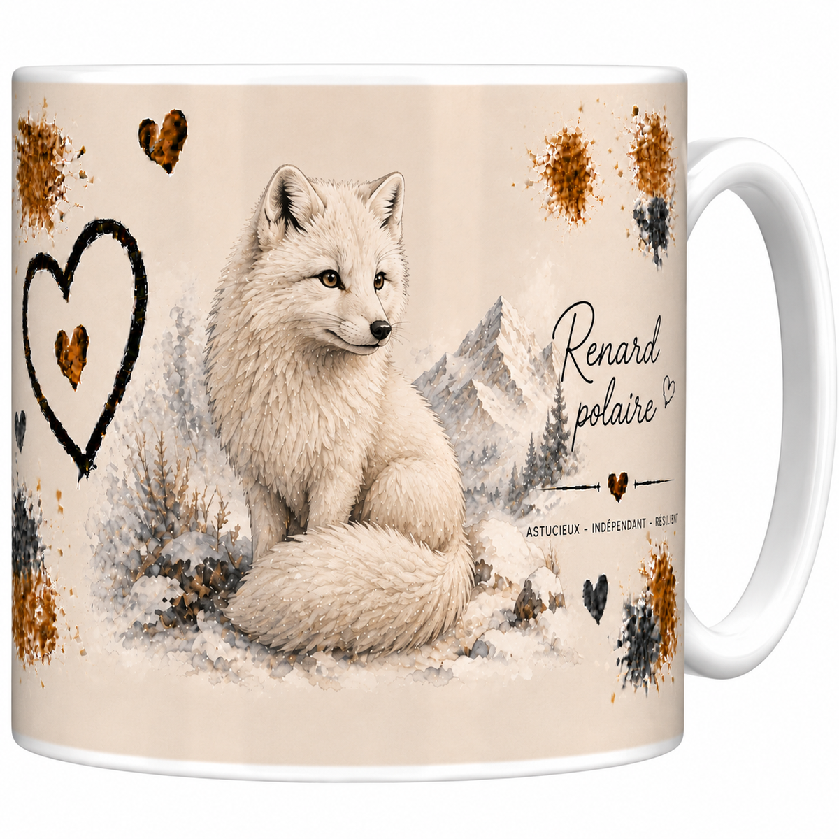 Mug céramique blanc Renard polaire « Astucieux, indépendant, résilient » : renard blanc lové dans la neige