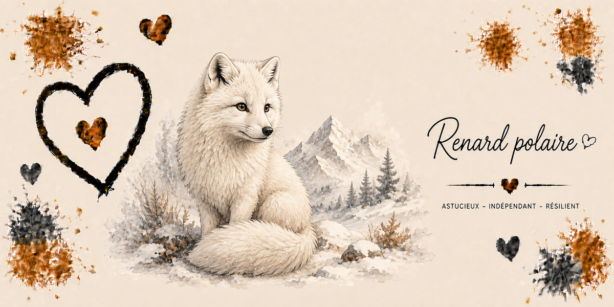 Design du mug Renard Polaire : renard arctique lové dans la neige, sapins, cœur noir esquissé et taches dorées
