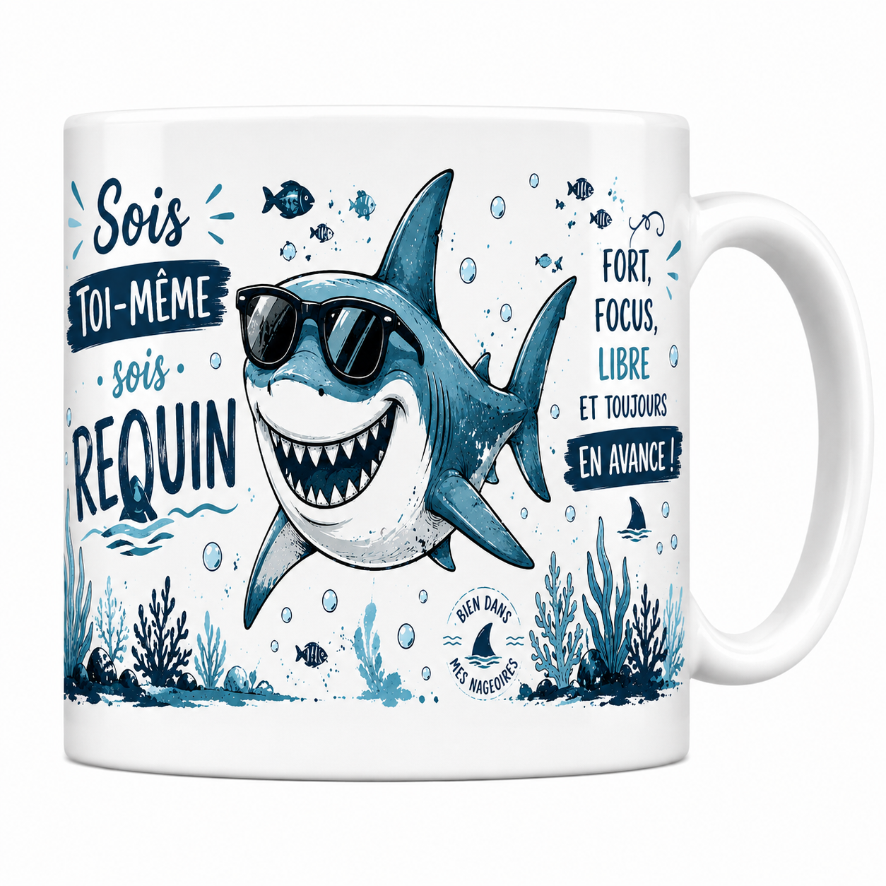 Mug requin 330 ml, requin souriant à lunettes de soleil entre algues et bulles
