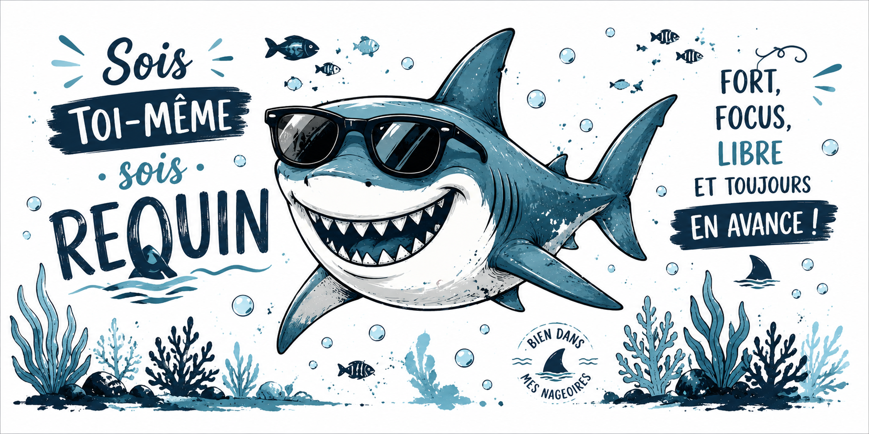 Visuel requin : Sois toi-même sois requin, fort, focus, libre et bien dans mes nageoires