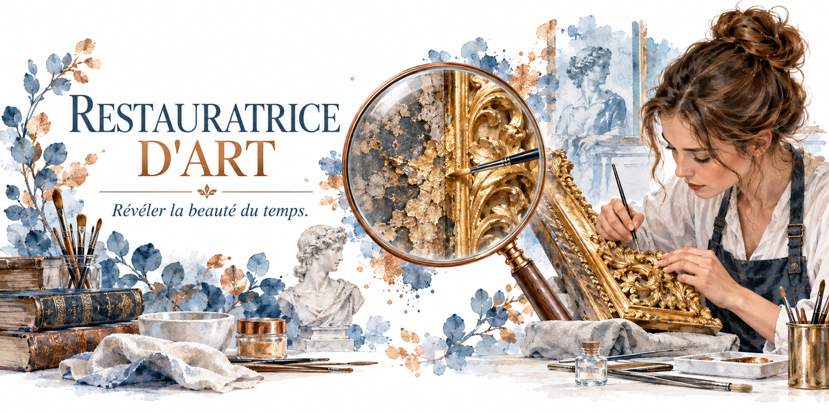 Visuel restauratrice d'art : le mot RESTAURATRICE en capitales bleu marine et D'ART en capitales dorées, un ornement et la devise en italiques Révéler la beauté du temps, une restauratrice au chignon en chemise blanche et salopette bleue retouchant au pinceau fin la dorure d'un cadre baroque, une grande loupe montrant en gros plan une dorure écaillée, un buste antique, des livres anciens, des pots de pigments, des chiffons et des pinceaux en aquarelle bleue et cuivre