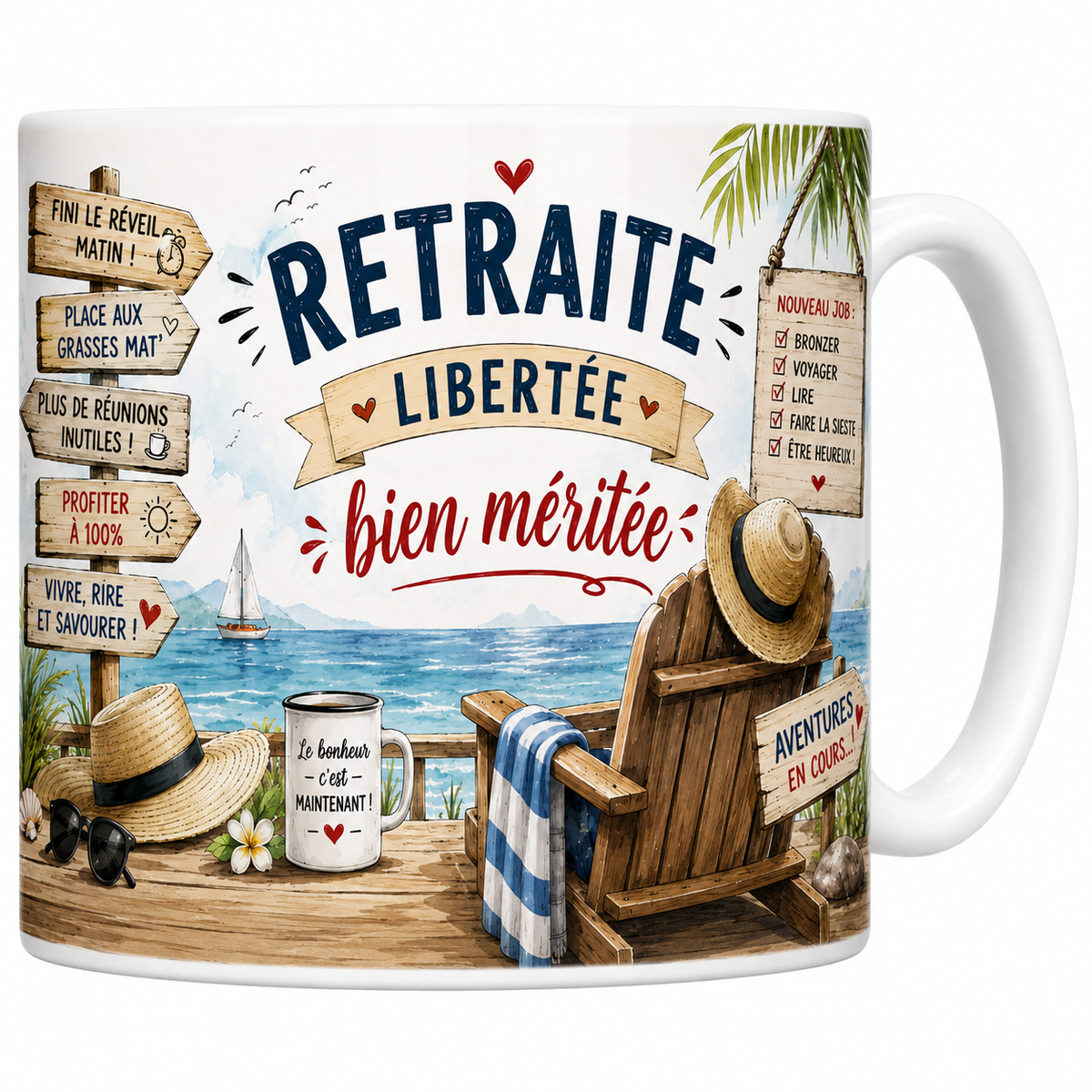 Mug céramique blanc Retraite « Liberté bien méritée » : transat face à la mer et pancartes humoristiques