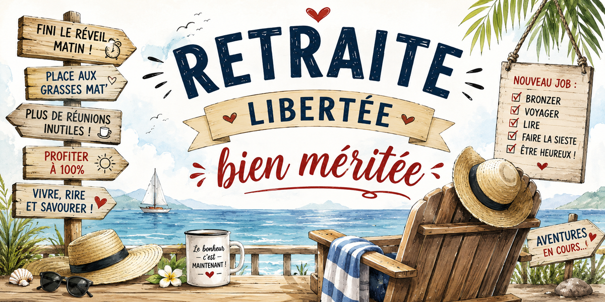 Design du mug Retraite : « Fini le réveil matin ! », « Place aux grasses mat' » et nouveau job bronzer, voyager, lire