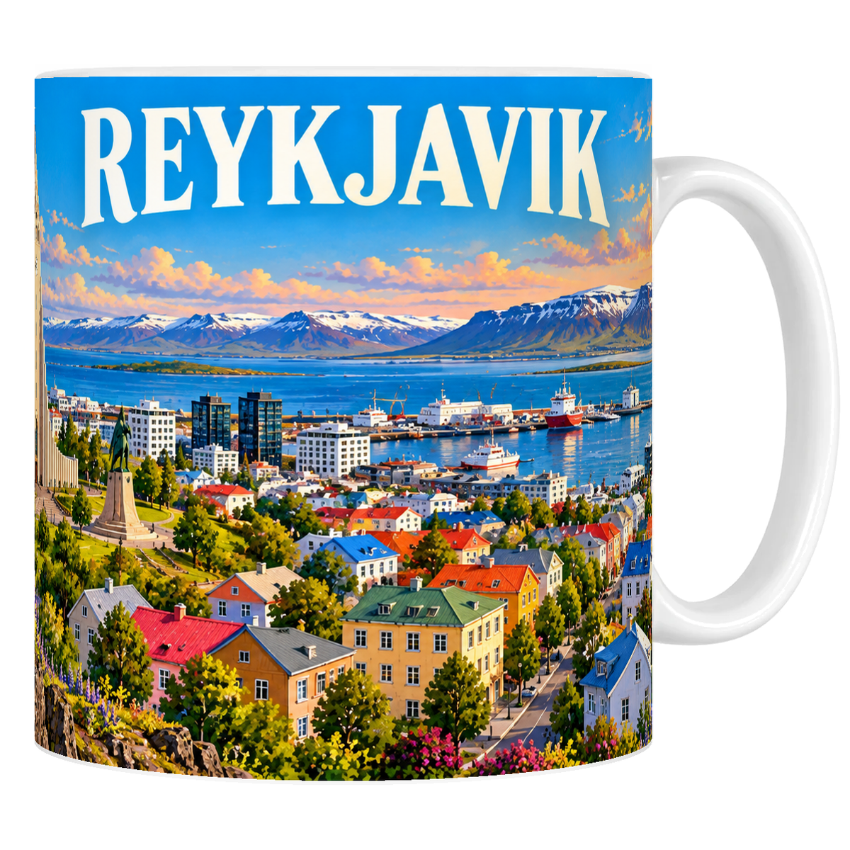 Mug en céramique blanc 330 ml, affiche Reykjavik : Hallgrímskirkja, maisons colorées et mont Esja