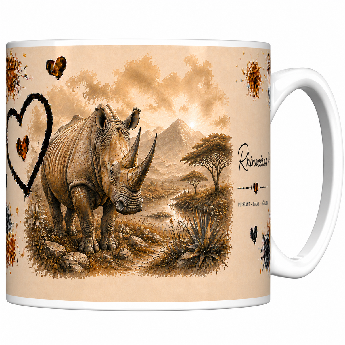 Mug céramique blanc Rhinocéros « Puissant, calme, résilient » : rhinocéros de face dans la savane, grand cœur