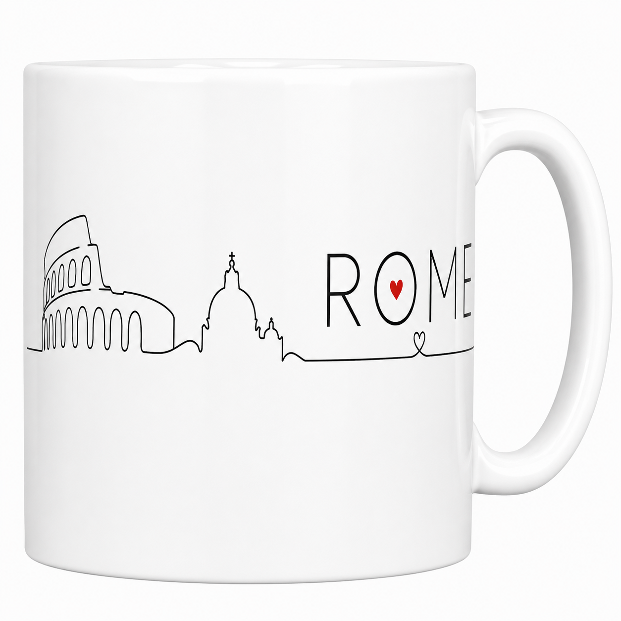 Mug Rome skyline en céramique blanche, Colisée au trait continu et cœur rouge dans le O