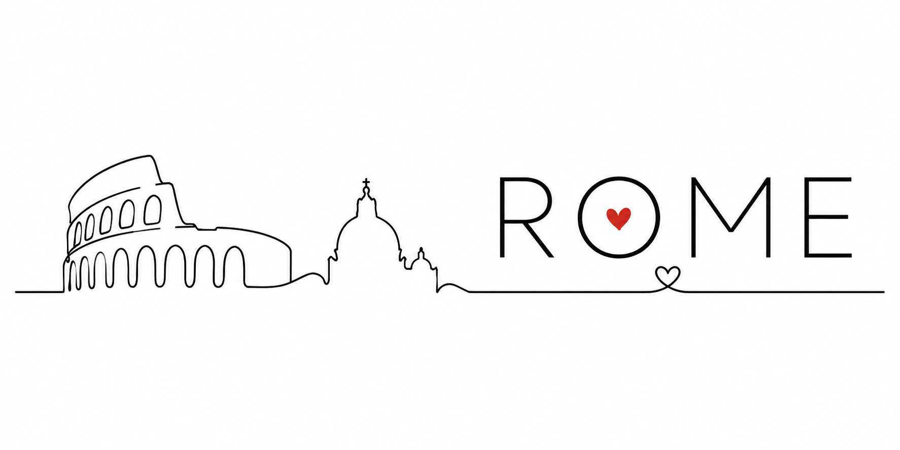 Visuel Rome minimaliste : arches du Colisée d'un seul trait, dôme en silhouette et ROME au cœur rouge