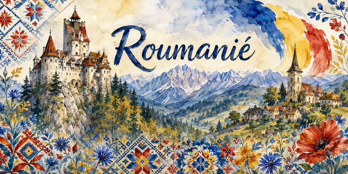 Visuel Roumanie aquarelle : château de Bran, crêtes des Carpates, église du Maramureș et broderies