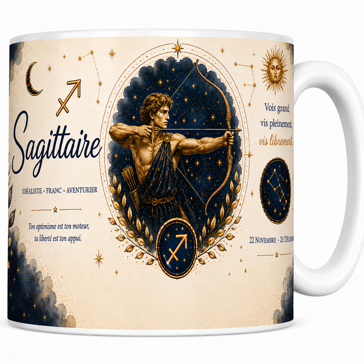 Mug astrologie Sagittaire en céramique, archer à l'arc doré et constellation sur fond nuit