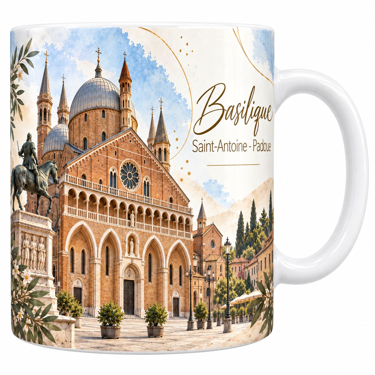 Mug céramique blanche 330 ml illustré de la basilique Saint-Antoine de Padoue à l'aquarelle, sa façade de brique rose et sa rosace, ses coupoles grises et ses clochers-minarets, la statue équestre du Gattamelata sur la place, des feuillages et le titre Basilique Saint-Antoine - Padoue en lettres dorées