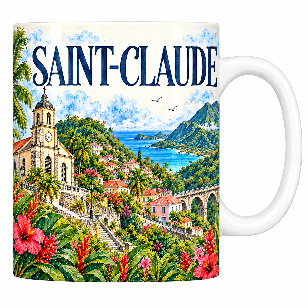 Mug blanc en céramique 330 ml illustré Saint-Claude en Guadeloupe à l'aquarelle : l'église coloniale, les cases créoles et la baie turquoise