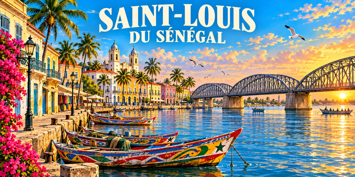 Illustration affiche vintage Saint-Louis du Sénégal : pont métallique Faidherbe, maisons à balcons du quai, pirogues peintes et palmiers