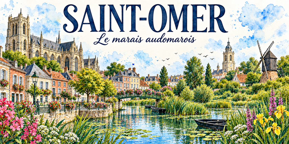 Illustration aquarelle de Saint-Omer : cathédrale Notre-Dame gothique, large plan d'eau du marais audomarois bordé de roseaux, nénuphars et iris jaunes, barque noire amarrée, moulin à vent, beffroi et vols d'oiseaux