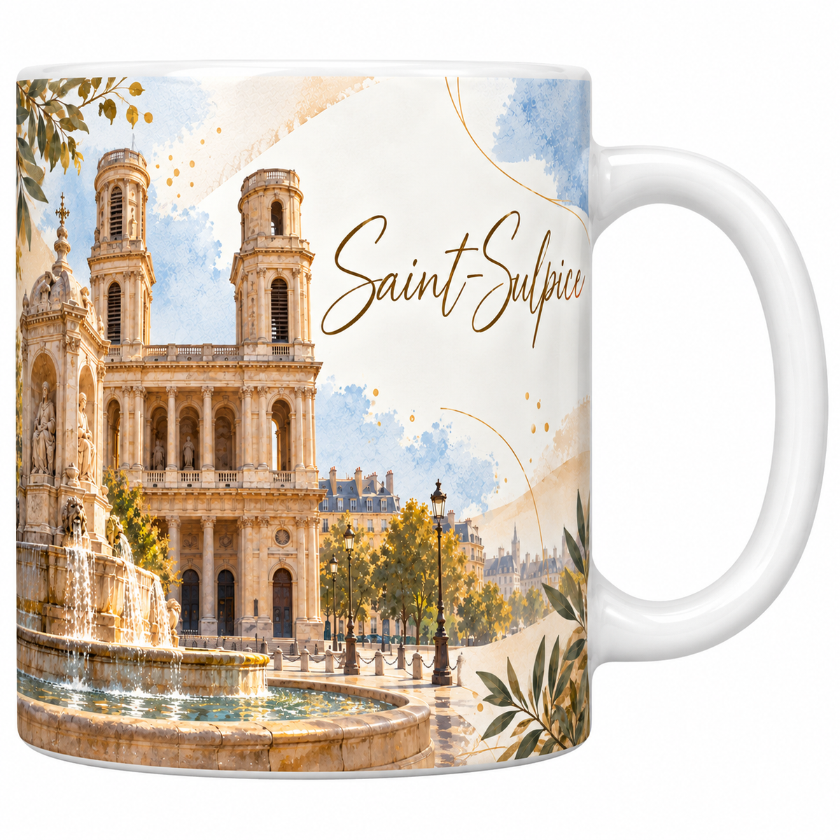 Mug céramique blanche 330 ml illustré de l'église Saint-Sulpice à Paris à l'aquarelle, sa façade à double colonnade et ses deux tours dissymétriques, la fontaine et ses jets d'eau au premier plan, les arbres et les réverbères de la place, des feuillages et le titre Saint-Sulpice en lettres dorées