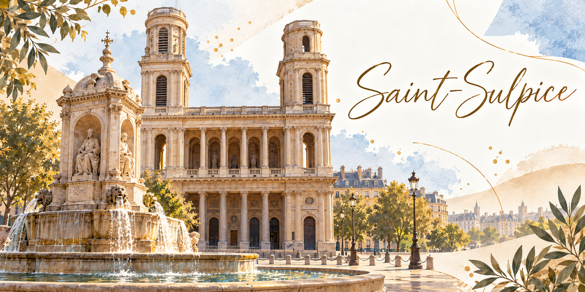 Visuel aquarellé de l'église Saint-Sulpice à Paris, sa large façade à double colonnade et ses deux tours dissymétriques, la fontaine des Quatre-Points-Cardinaux et ses bassins au premier plan, les jets d'eau, les arbres et les réverbères de la place, les toits de zinc du quartier à l'horizon, des feuillages d'olivier en bordure et le titre Saint-Sulpice en grandes lettres dorées