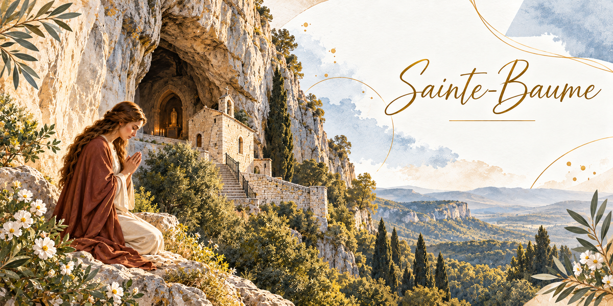 Visuel aquarellé de la grotte de la Sainte-Baume, une femme aux longs cheveux châtains en robe brune agenouillée en prière, les mains jointes, devant la porte ouverte dans le rocher, la haute falaise grise au-dessus d'elle et l'escalier de pierre qui y mène, les cyprès et la forêt accrochés à la pente, la plaine provençale et les collines à l'horizon, des fleurs blanches et des feuillages en bordure et le titre Sainte-Baume en lettres dorées