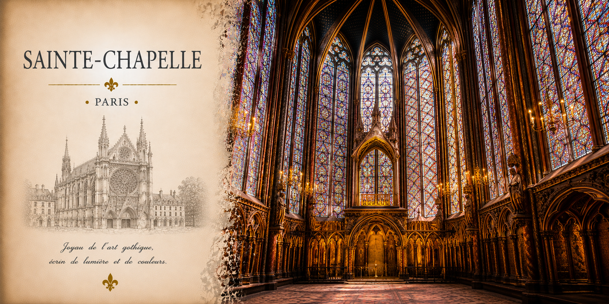 Visuel photo Sainte-Chapelle Paris : verrières gothiques illuminées et croquis gravure de la chapelle