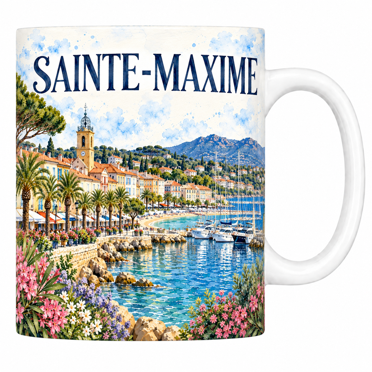 Mug céramique 330 ml Sainte-Maxime : le port et les palmiers du front de mer en aquarelle