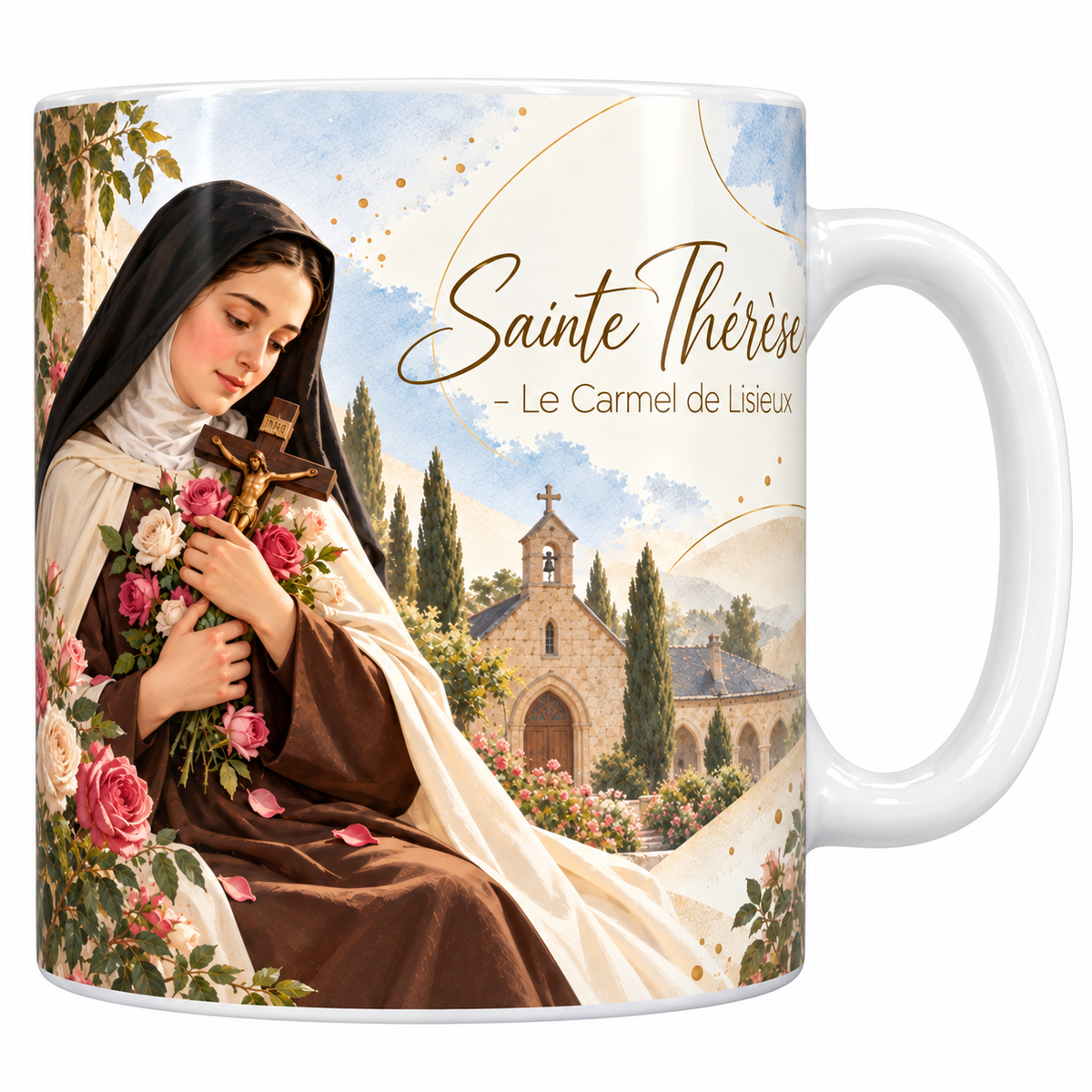 Mug céramique blanche 330 ml illustré de sainte Thérèse à l'aquarelle, la jeune carmélite en habit brun et voile noir tenant un crucifix entouré de roses, la chapelle du Carmel de Lisieux derrière elle, des roses roses et blanches et le titre Sainte Thérèse - Le Carmel de Lisieux en lettres dorées