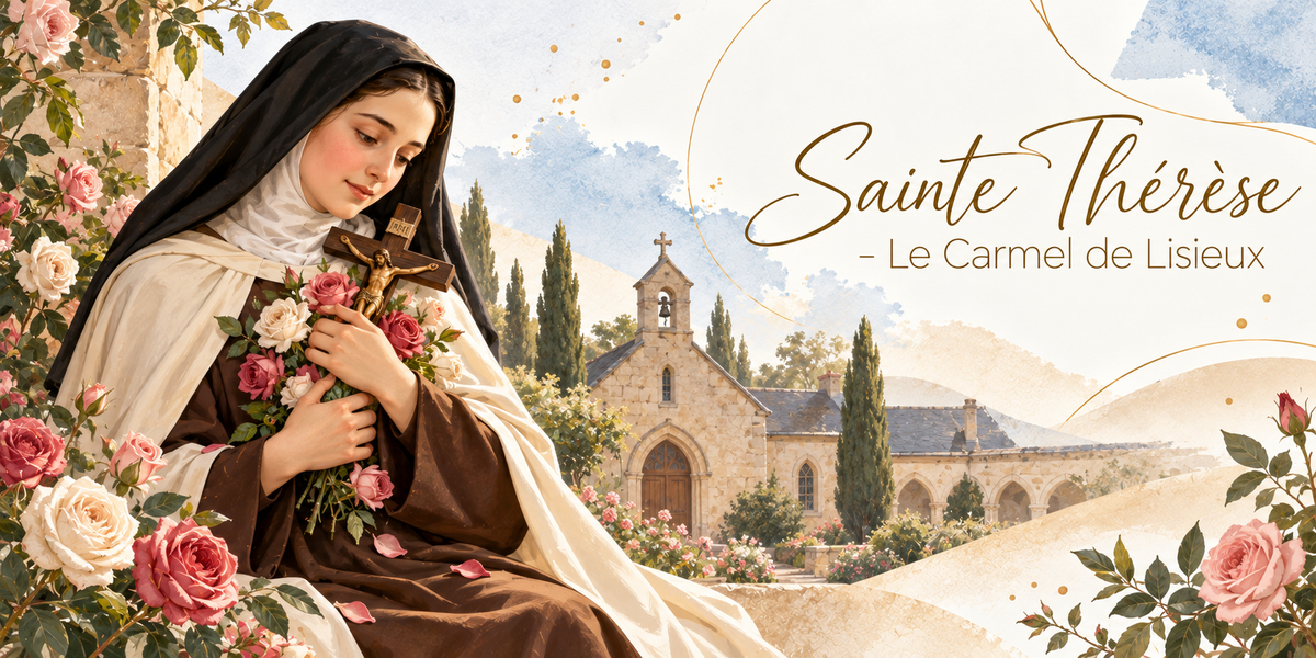 Visuel aquarellé de sainte Thérèse de Lisieux, la jeune carmélite en habit brun, voile noir et coiffe blanche, les yeux baissés, serrant contre elle un crucifix entouré de roses, la chapelle du Carmel et son clocheton derrière elle, les cyprès et les collines normandes à l'horizon, des roses roses et blanches en abondance au premier plan et le titre Sainte Thérèse - Le Carmel de Lisieux en lettres dorées