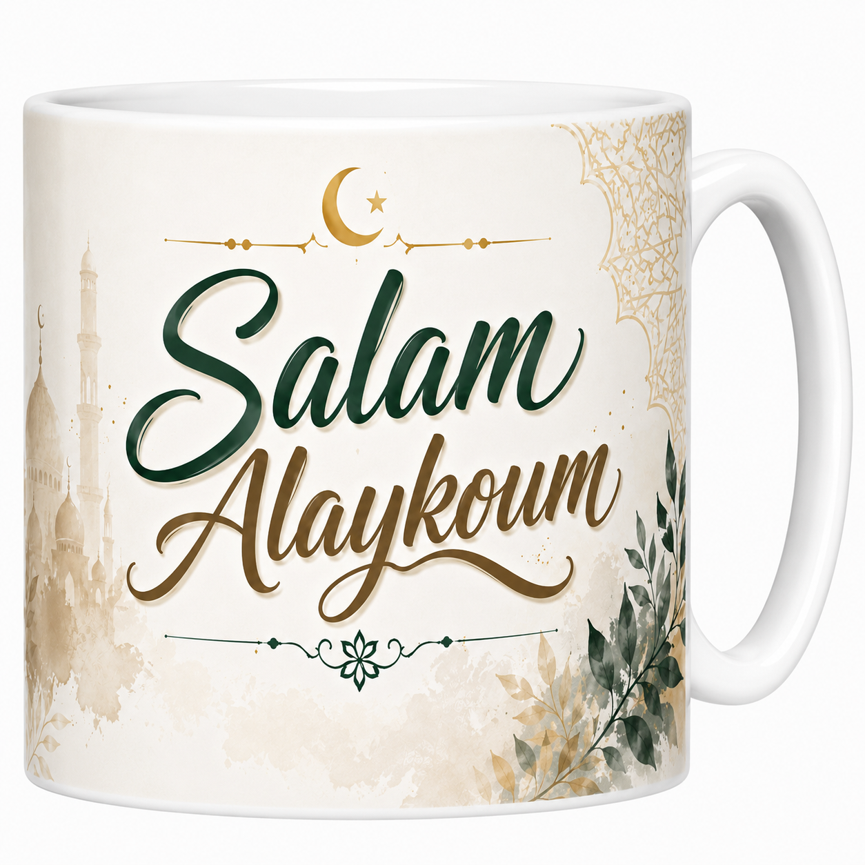 Mug Salam Alaykoum 330 ml, calligraphie verte et brune, mosquée aquarelle et croissant doré