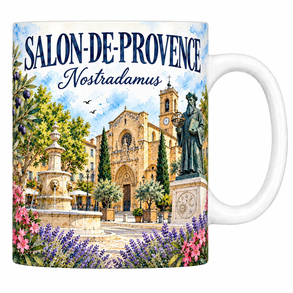 Mug en céramique blanche 330 ml illustré à l'aquarelle de la fontaine moussue de Salon-de-Provence et de sa collégiale