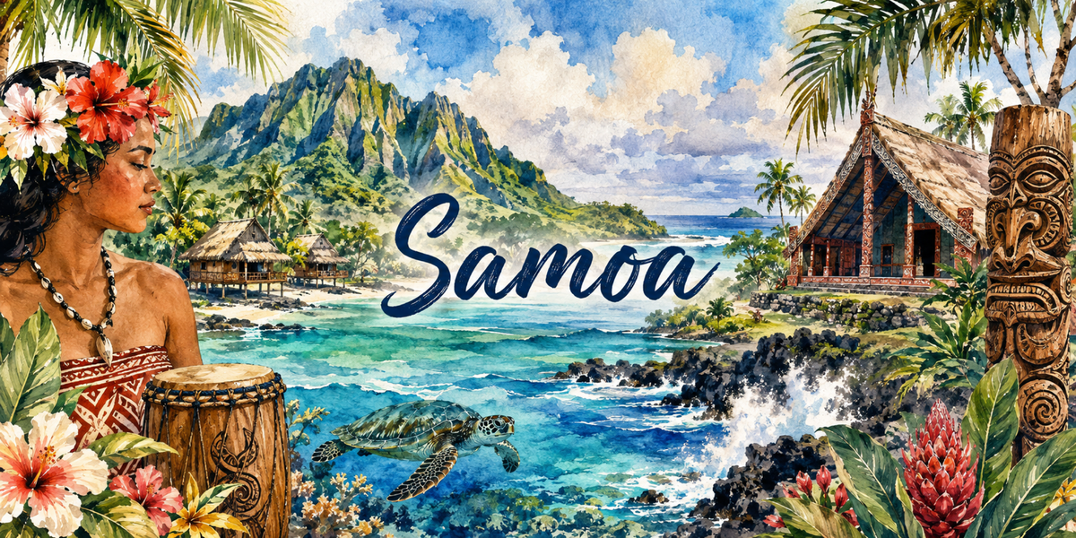 Visuel Samoa aquarelle : femme à l'hibiscus, tambour pate sculpté, fale ouvert, tortue et lagon