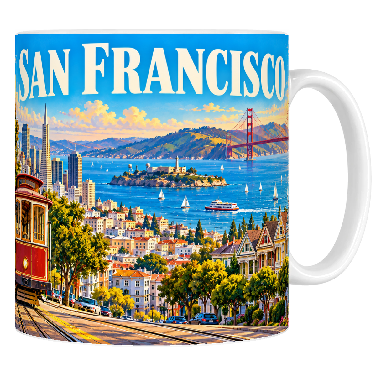 Mug céramique 330 ml « SAN FRANCISCO » : cable car, Golden Gate et Alcatraz