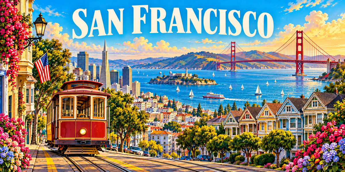 Visuel « SAN FRANCISCO » : cable car rouge, Golden Gate, Alcatraz et façades victoriennes
