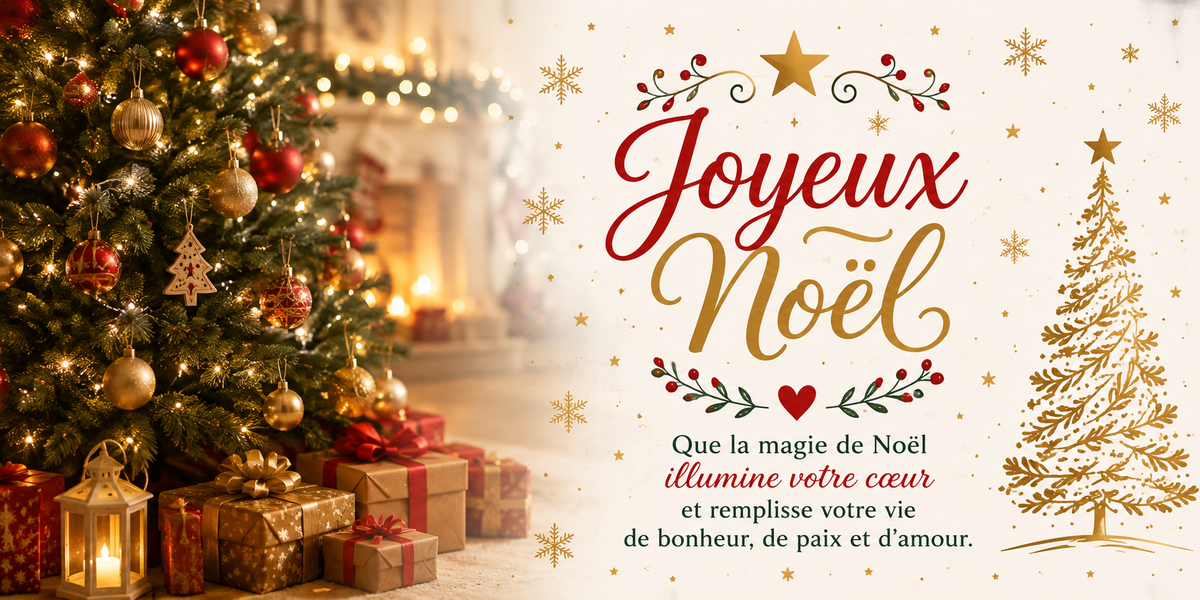 Design du mug Sapin de Noël : sapin décoré, cadeaux et vœux de bonheur, de paix et d'amour