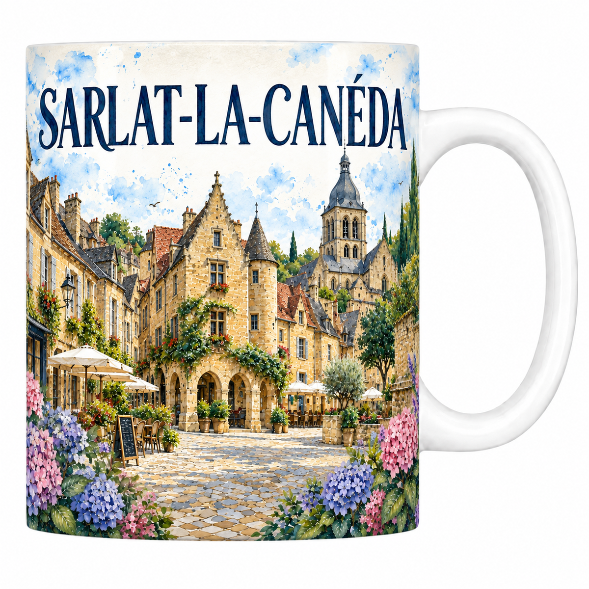 Mug céramique 330 ml Sarlat-la-Canéda : ruelle pavée et pierre dorée en aquarelle