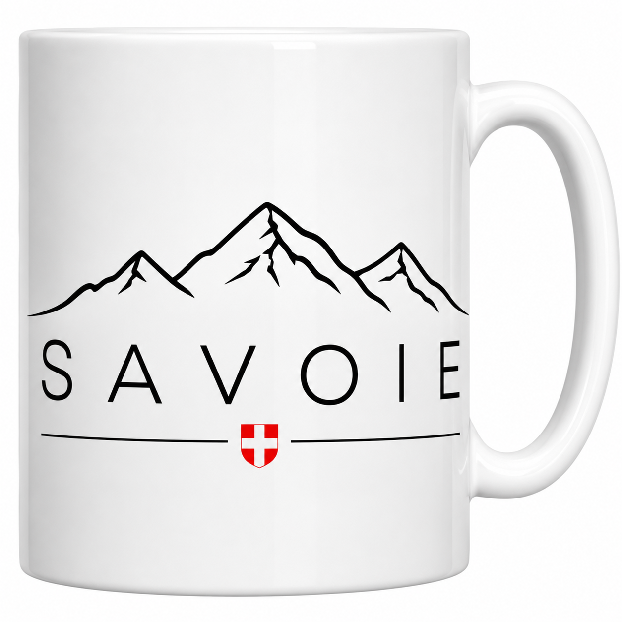 Mug Savoie en céramique blanche, trois sommets à l'encre et écusson à croix de Savoie