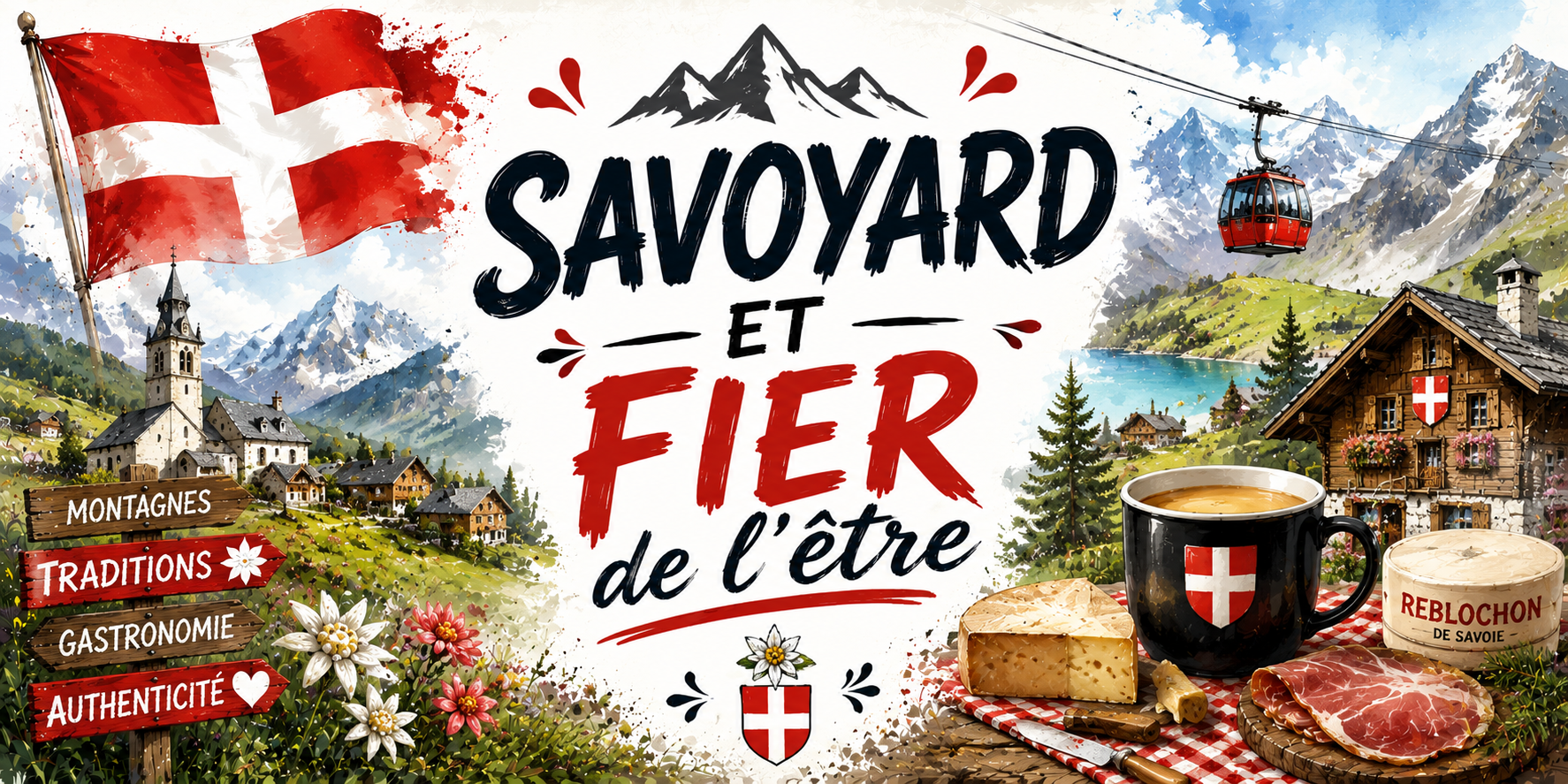 Visuel Savoyard et fier de l'être : télécabine, chalet, reblochon de Savoie, charcuterie et edelweiss