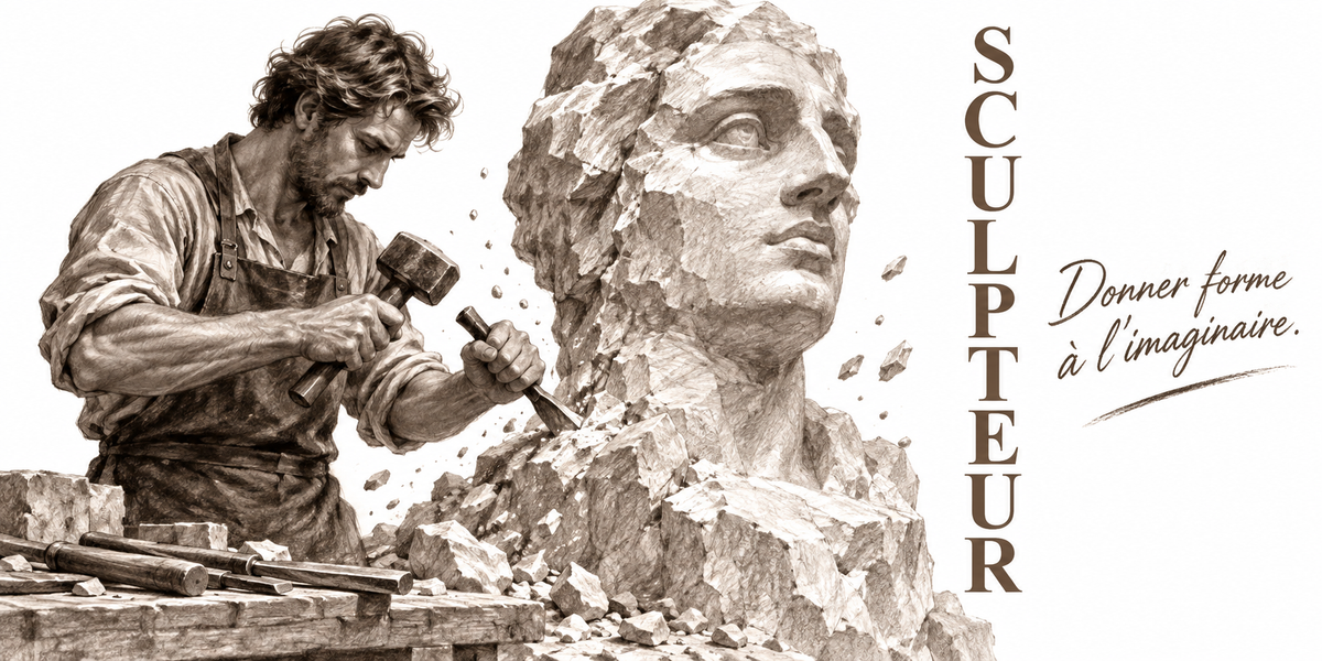 Visuel sculpteur : le mot SCULPTEUR en capitales brunes écrites à la verticale, la devise manuscrite Donner forme à l'imaginaire soulignée d'un trait, un dessin sépia représentant un sculpteur en chemise retroussée et tablier de cuir frappant un ciseau au maillet sur un grand bloc de pierre d'où émerge un visage féminin, des éclats de pierre projetés en l'air et des ciseaux et gradines alignés sur l'établi