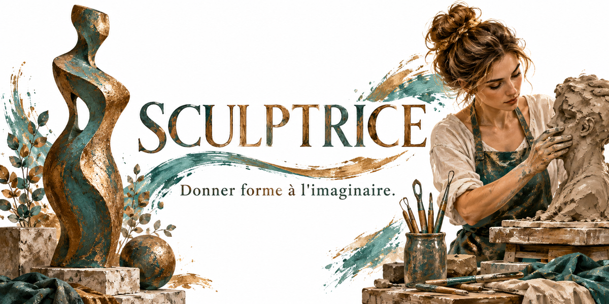 Visuel sculptrice : le mot SCULPTRICE en grandes capitales à empattements texturées d'or et de vert-de-gris, la devise Donner forme à l'imaginaire en dessous, une sculptrice au chignon en chemise blanche et tablier vert modelant un buste de terre à la main et à l'ébauchoir, une grande sculpture abstraite verticale patinée bronze et vert-de-gris sur un socle de pierre, une sphère patinée, des ébauchoirs dans un pot, des feuillages dorés et des coups de pinceau or et turquoise
