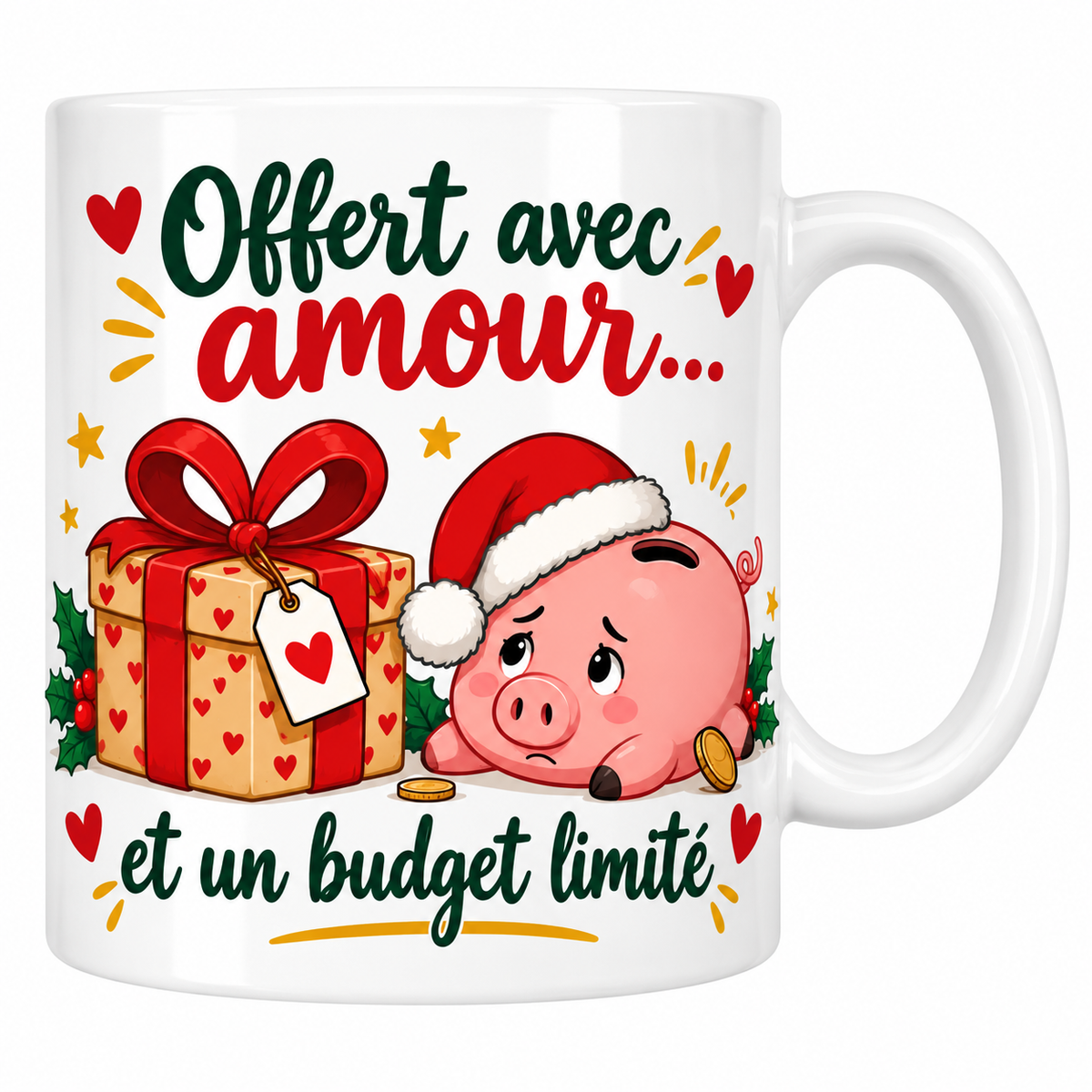 Mug blanc céramique Secret Santa « Offert avec amour… et un budget limité » : un cadeau à cœurs noué d'un ruban rouge, à côté d'une tirelire cochon en bonnet de Père Noël, l'air un peu fauchée