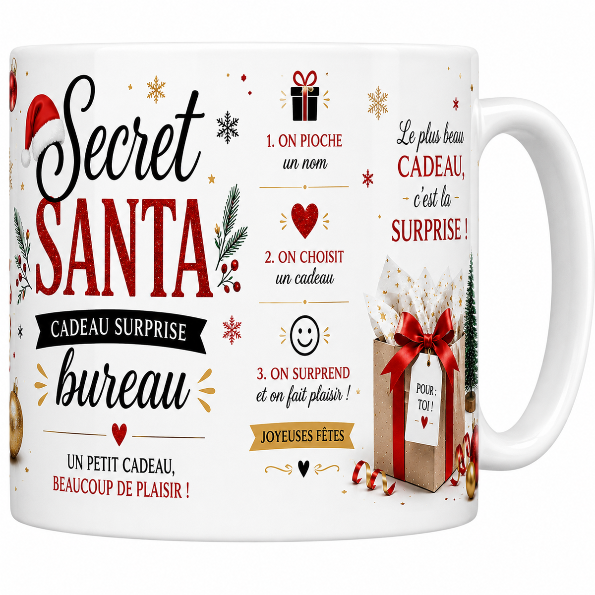 Mug céramique blanc Secret Santa « Cadeau surprise bureau » : on pioche, on choisit, on surprend