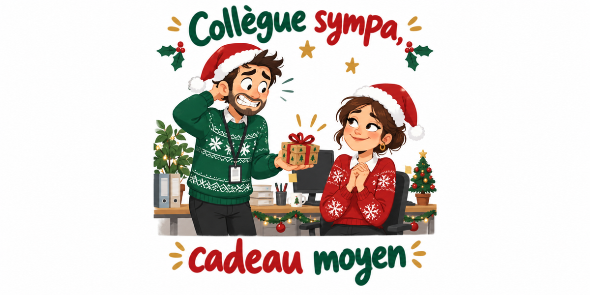 Visuel du mug Secret Santa « Collègue sympa, cadeau moyen », illustration de Noël et lettrage rouge et vert