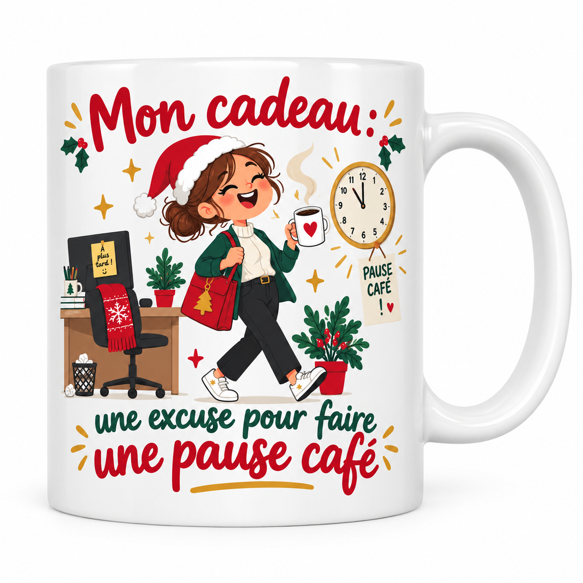 Mug blanc céramique Secret Santa « Mon cadeau : une excuse pour faire une pause café » : une collègue en bonnet de Père Noël quitte joyeusement son bureau, son mug à la main, sous une horloge et un petit panneau « Pause café ! »