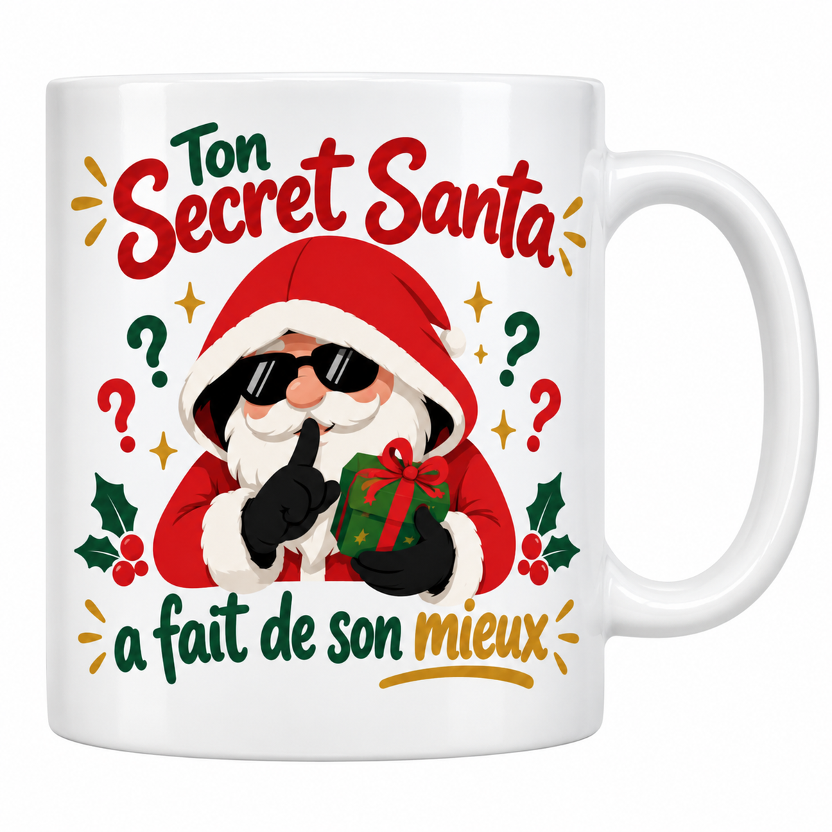 Mug blanc céramique Secret Santa « Ton Secret Santa a fait de son mieux » : un Père Noël en lunettes noires et capuche fait « chut » avec un doigt sur la bouche, un petit cadeau à la main, entouré de points d'interrogation