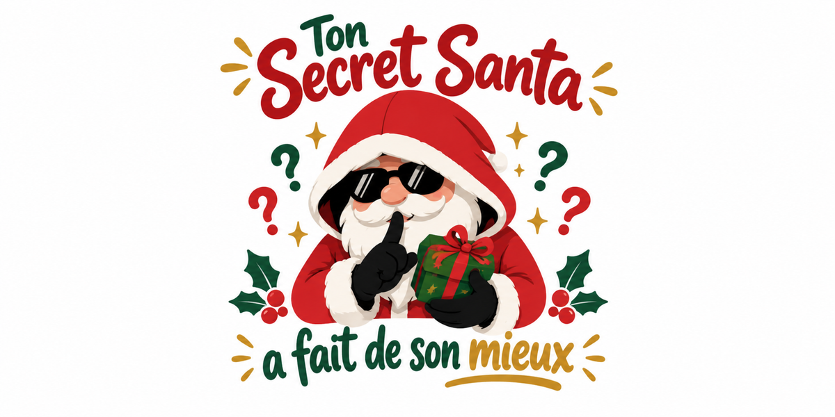 Visuel du mug Secret Santa « Ton Secret Santa a fait de son mieux », illustration de Noël et lettrage rouge et vert
