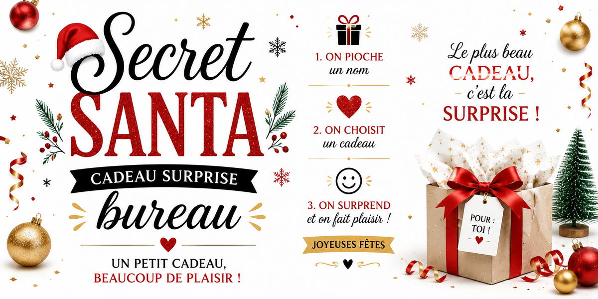 Design du mug Secret Santa : « Le plus beau cadeau, c'est la surprise ! », paquet Pour Toi et Joyeuses fêtes