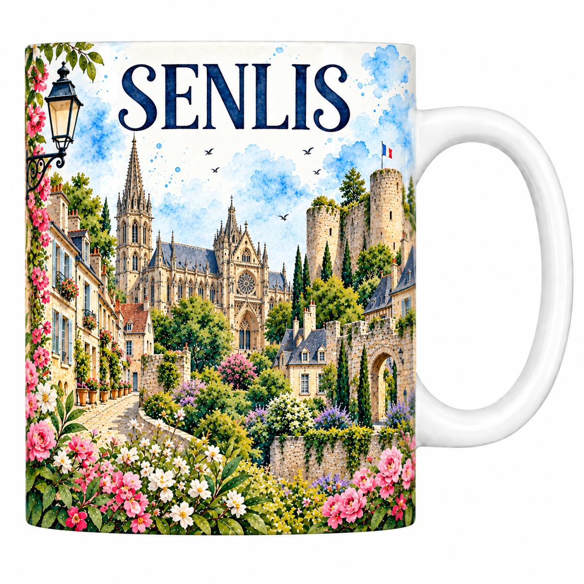 Mug blanc en céramique 330 ml illustré Senlis à l'aquarelle : flèche de la cathédrale Notre-Dame, remparts gallo-romains et ruines du château royal